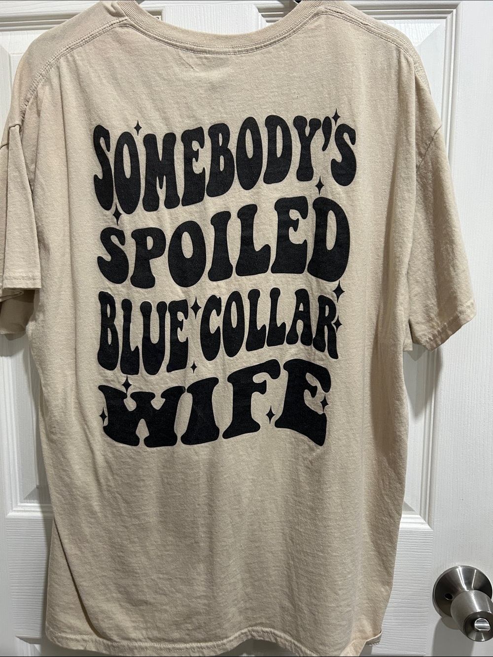 Gildan Beige Short Sleeve Tee with Black Retro Text